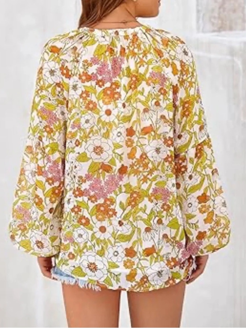 BYFBM Floral V-Neck Balloon Sleeve Blouse in Yellow & Orange - Picture 2 of 9
